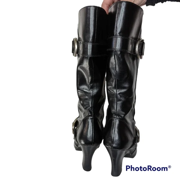 American Eagle Outfitters Boots Womens Sz 8.5 Black Faux Leather Silver Buckles - Picture 9 of 16